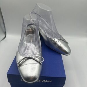 NEW Stuart Weitzman Sleek Bow Slingback Flat,Silver Leather,Women SZ: 7.5 B,NIB
